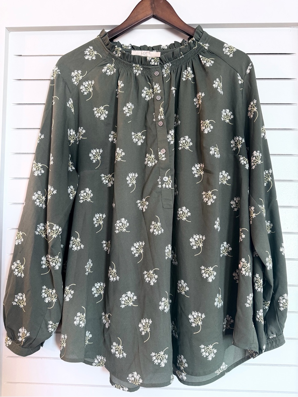 LOFT Olive Green Floral Ruffle-Peasant Blouse